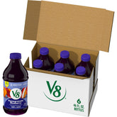V8 bottle front packaging showing pomegranate blueberry flavor and benefits