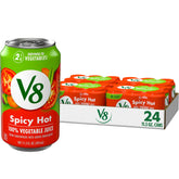 V8 Spicy Hot front can showing bold label and serving suggestion benefit
