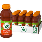 V8 spicy hot front packaging showing bottle and brand, highlights portability