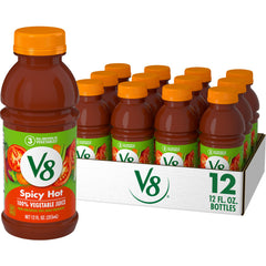 V8 spicy hot front packaging showing bottle and brand, highlights portability