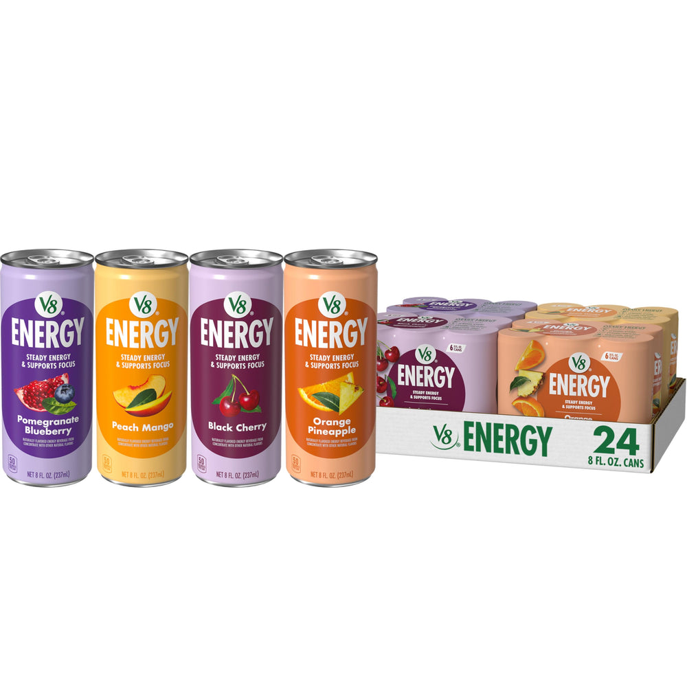 V8 +Energy front packaging showing variety pack and benefits