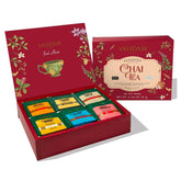 VAHDAM front packaging of assorted chai pack showing flavors and sustainable messaging