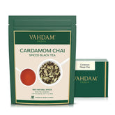 VAHDAM front pack showing cardamom chai freshness and resealable benefit