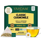 VAHDAM front packaging showing resealable pouch and 100-count benefit