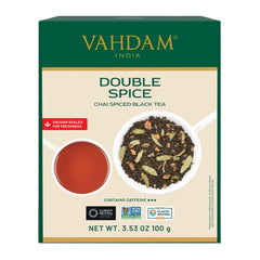 VAHDAM front pouch showing bold Double Spice Masala Chai branding and fresh look