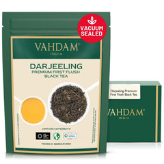 VAHDAM front packaging showing brand and premium first flush benefit