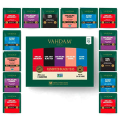 VAHDAM front packaging showing assorted black tea sampler and gift-ready presentation