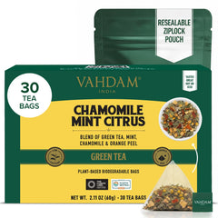 VAHDAM front packaging highlighting chamomile mint citrus blend and freshness benefit