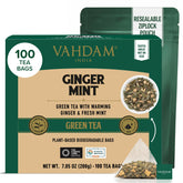 VAHDAM front packaging of ginger mint 100-count showing freshness