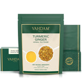 VAHDAM front packaging showing turmeric ginger blend and freshness benefit