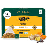 VAHDAM front packaging showing turmeric spice tea and freshness benefit
