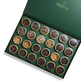 VAHDAM front packaging showing premium gift box and 24 tins, elegant presentation benefit