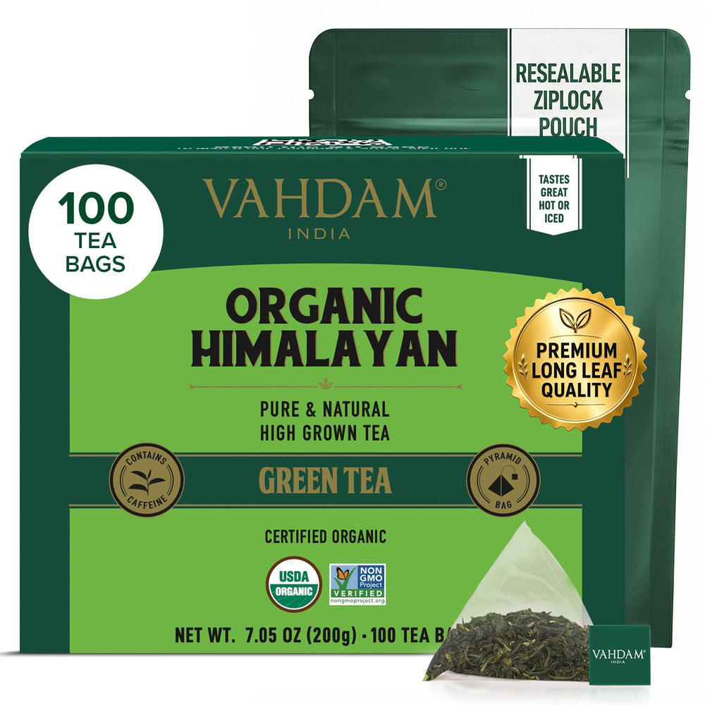 VAHDAM front packaging showing 100-count box and resealable convenience
