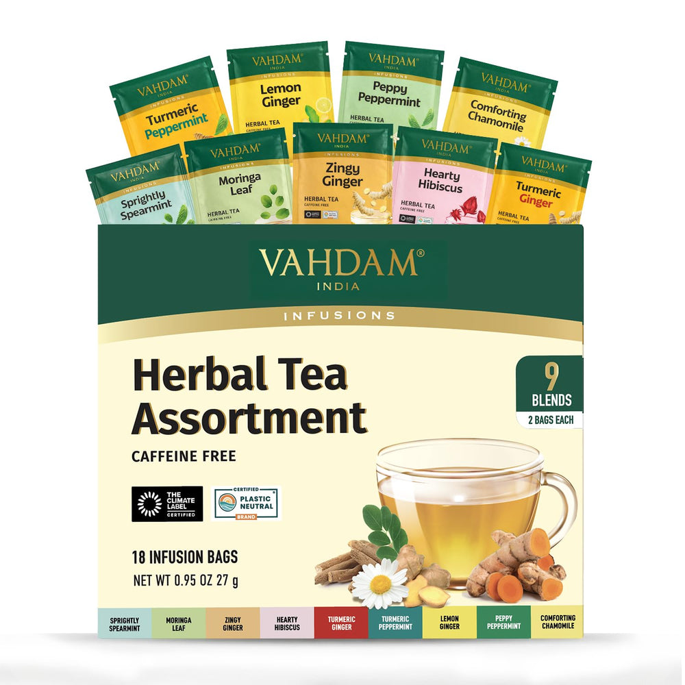 VAHDAM front packaging showing assorted herbal flavors and clear labeling for quick choice