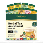 VAHDAM front packaging showing assorted herbal flavors and clear labeling for quick choice