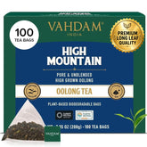 VAHDAM front packaging showing 100-count high mountain oolong, clear product view and benefits