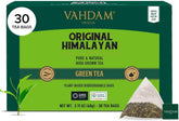 VAHDAM front pack showing 30-count resealable pouch and organic label, freshness preserved