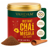 VAHDAM tin front view showing brand and compact travel-friendly design