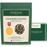 VAHDAM front pouch showing Kashmiri Kahwa packaging and freshness benefit