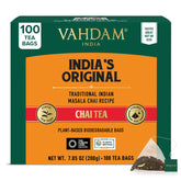VAHDAM front packaging showing 100-count masala chai, clear branding and benefit