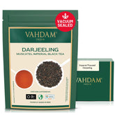 VAHDAM front packaging showing limited-edition Muscatel Darjeeling, preserving freshness