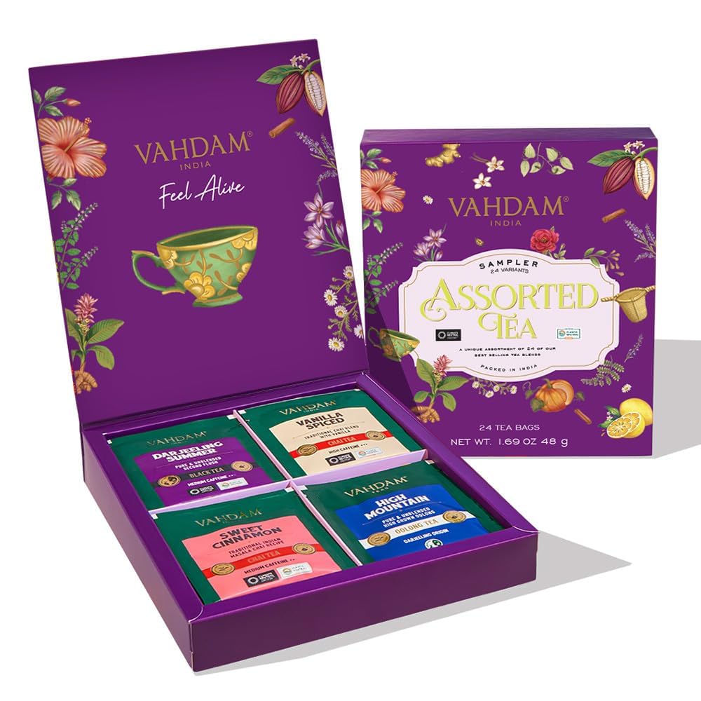 VAHDAM presentation box front view showing 24 assorted pyramid tea bags and gift-ready design
