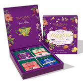 VAHDAM presentation box front view showing 24 assorted pyramid tea bags and gift-ready design