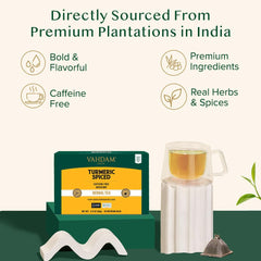 VAHDAM steaming cup of turmeric tea demonstrating comforting warmth