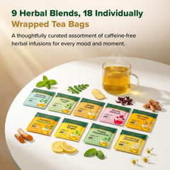 VAHDAM arranged tea bags displaying nine flavors for easy selection and variety