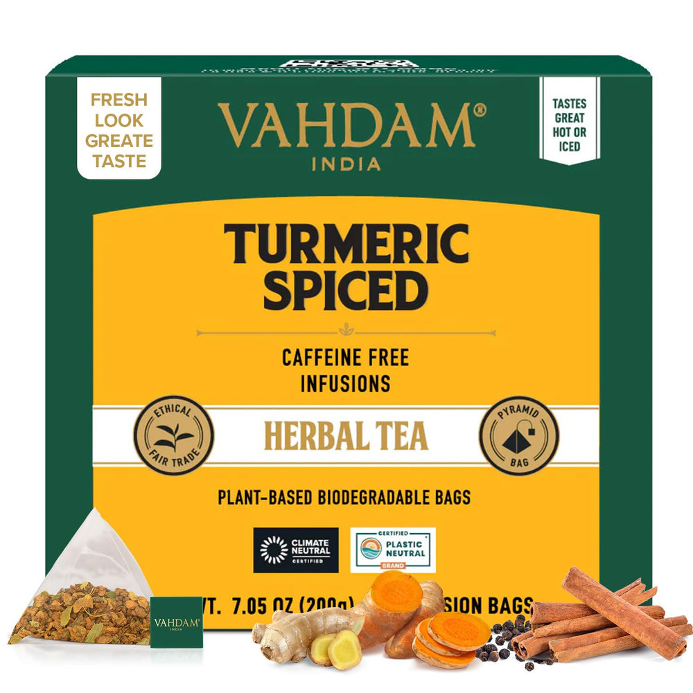 VAHDAM front packaging showing 100-count turmeric ginger cinnamon tea bag box and branding