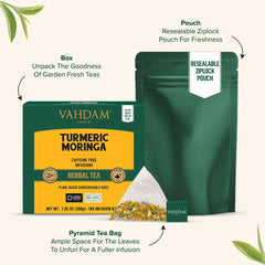 VAHDAM loose moringa turmeric ginger black pepper spread showing natural ingredients