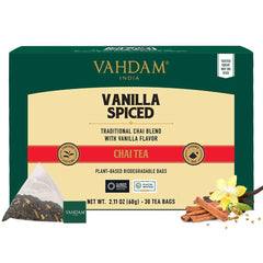 VAHDAM front packaging showing 30-count vanilla chai and freshness