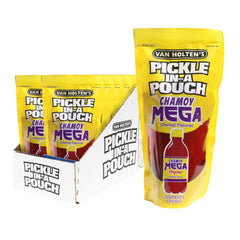 Van Holten's front pouch showing jumbo chamoy pickle and brand for quick grab-and-go