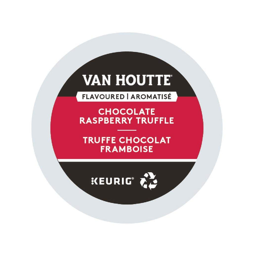 Van Houtte front pack showing Chocolate Raspberry Truffle pods and shelf-ready quantity