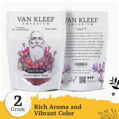 Close-up of Van Kleef Emporium saffron threads highlighting rich red color and texture