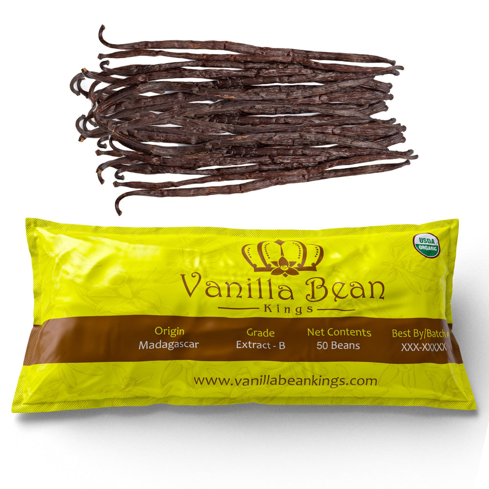 Vanilla Bean Kings front packaging showing 50 organic Madagascar pods and bulk benefit
