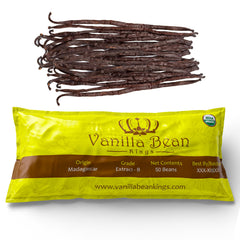 Vanilla Bean Kings front packaging showing 50 organic Madagascar pods and bulk benefit