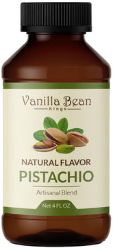 Vanilla Bean Kings front bottle label showing 4 oz pistachio extract and premium branding benefit