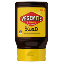 Vegemite Squeezy front bottle showing label and 200g weight, clear filing benefit