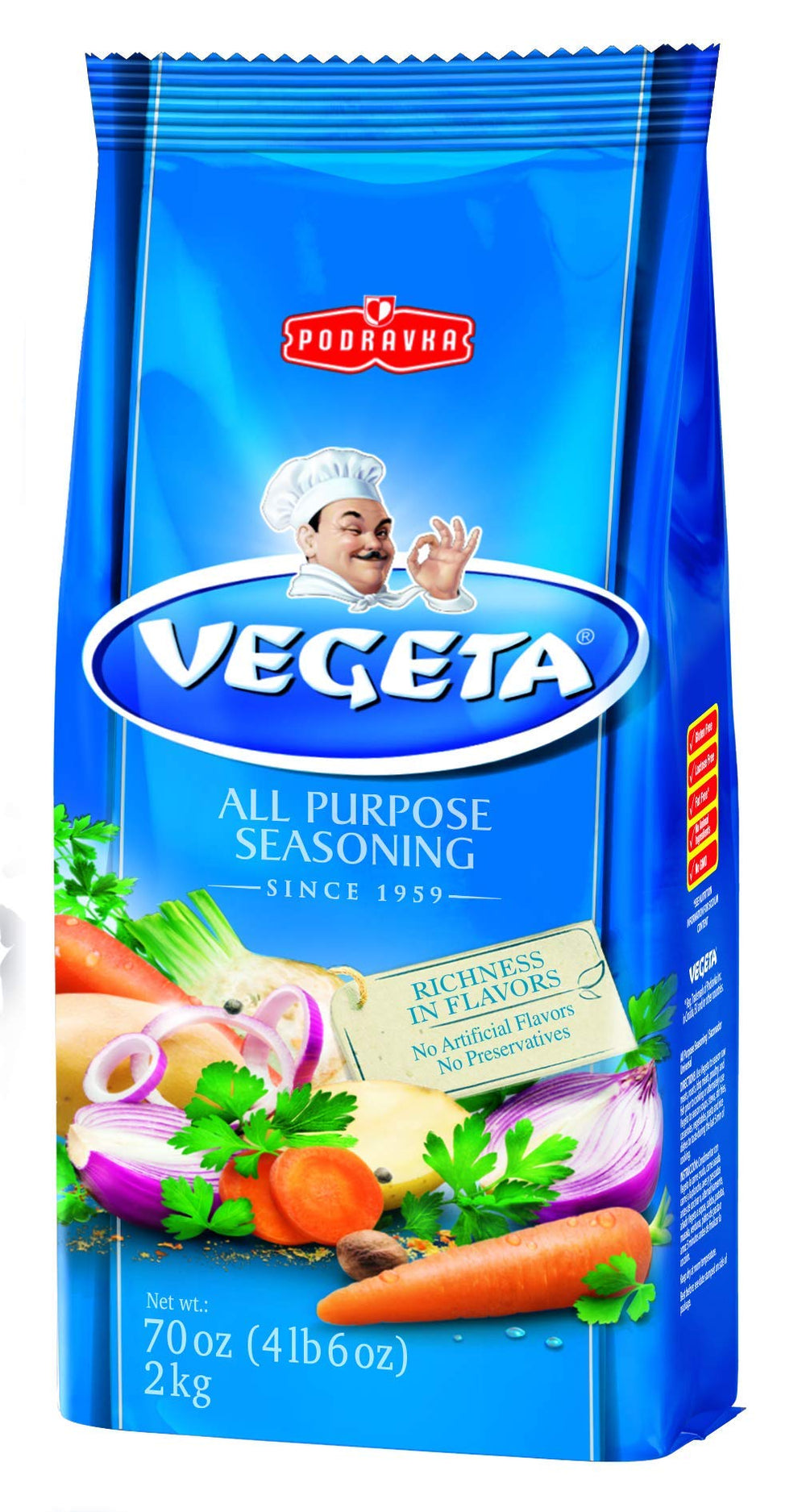 Vegeta front of bag showing 70 ounce packaging and brand for pantry convenience
