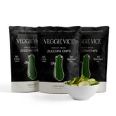 Veggie Vice front pouch showing product branding and salted zucchini chips benefit: clear packaging for quick snack choice