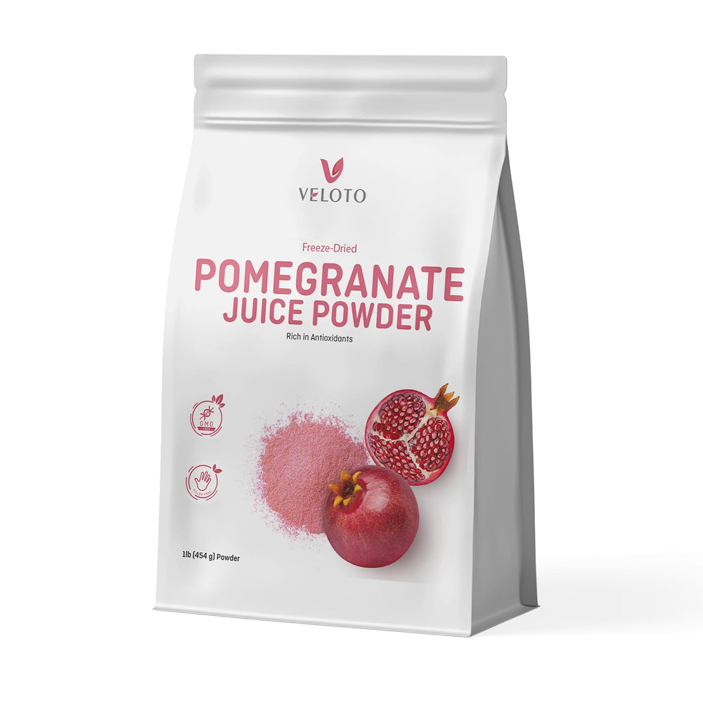 VELOTO front pouch showing organic pomegranate powder and clean ingredients benefit