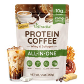 Veltracha front packaging showing coconut flavor and 20 servings for quick protein coffee