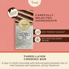 Venchi Cremino close-up of milk gianduja texture, emphasizes smooth hazelnut richness