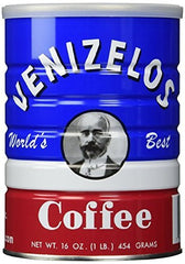 Venizelos front packaging 454g tin showing sealed label and splash of coffee aroma