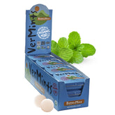 Vermints front-facing tin pack showing compact organic peppermint mints for quick freshness