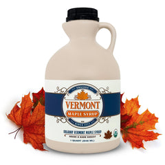 Vermont Maple Syrup front label showing organic Grade A and 32 oz benefits