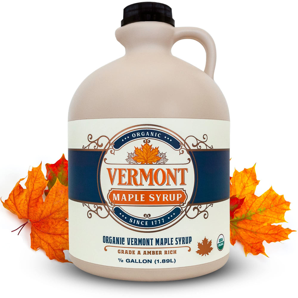 Vermont Maple Syrup front packaging 64oz shows value size and organic label