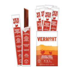 Vermont Smoke & Cure front packaging showing 24-count pepperoni turkey sticks and convenience