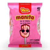 Vero Manita front bag view showing colorful strawberry cherry lollipops and branding for easy recognition
